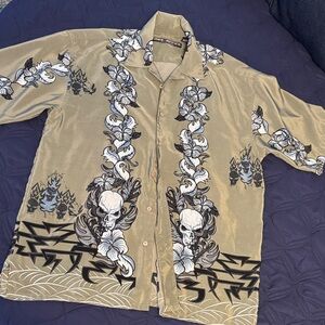 Men's Skull Print Button-Up Shirt - Green and Black